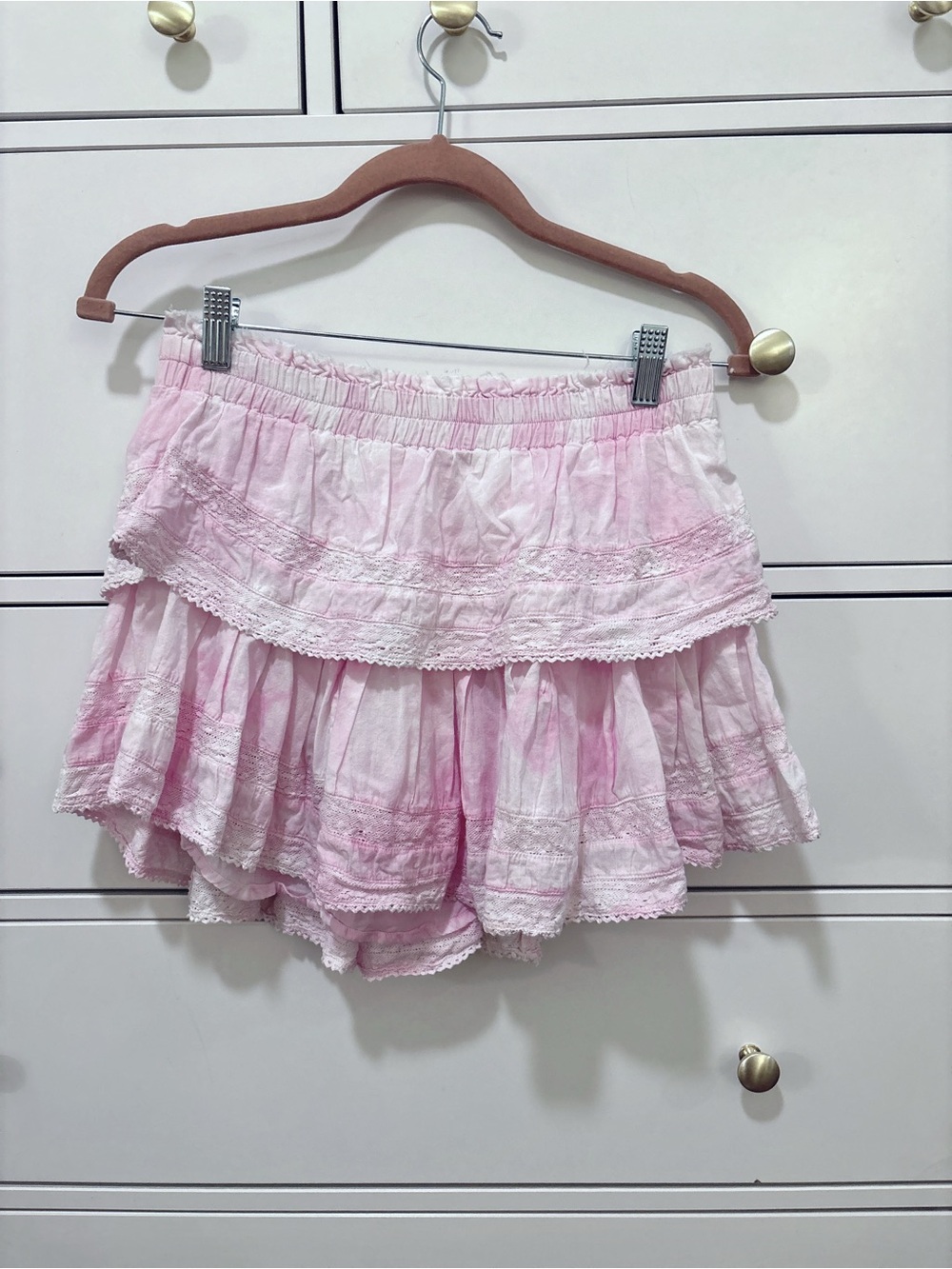 LoveShackFancy Ruffle Mini Skirt in Pink Tie-Dye XS